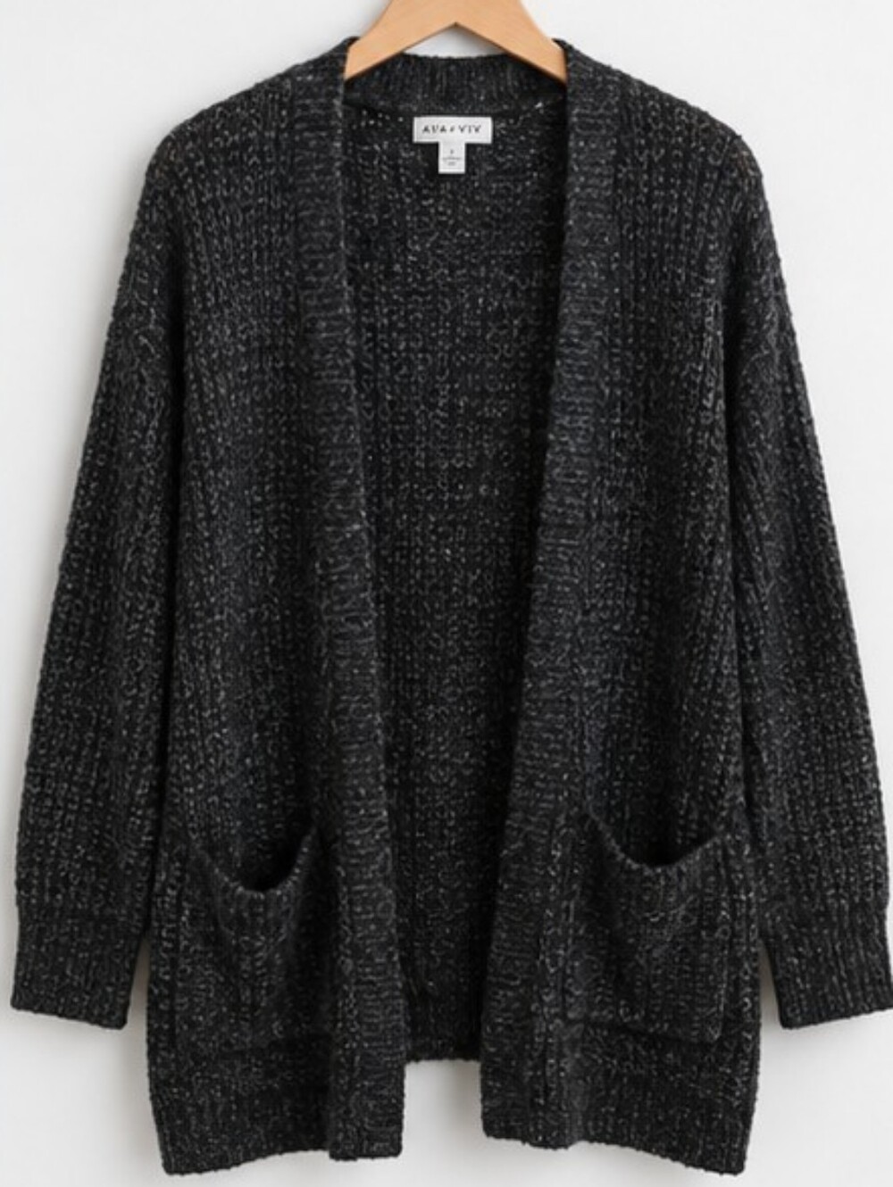 Ava & Viv 2X Open Front Cardigan Black Gray Metallic Knit Pockets